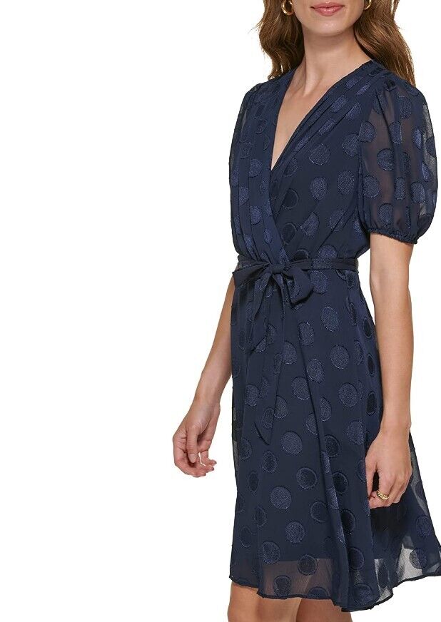 DKNY Womens Dress Satin-Dot Faux-Wrap Dress Navy 16 DKNY Short Wrap Dress Satin