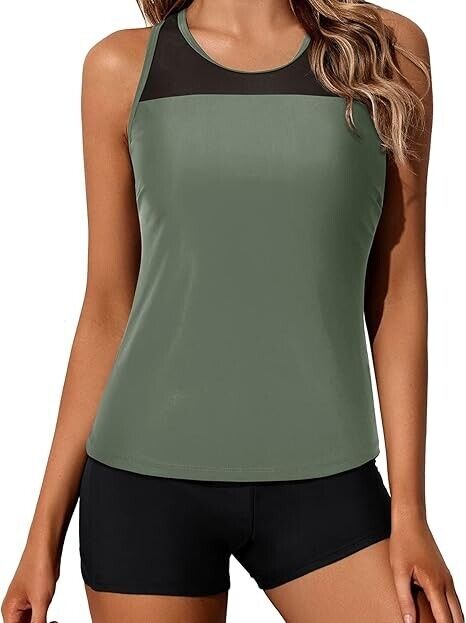 Yonique Women's Tankini with Shorts Athletic Two Piece Swimsuits, Army Green, L