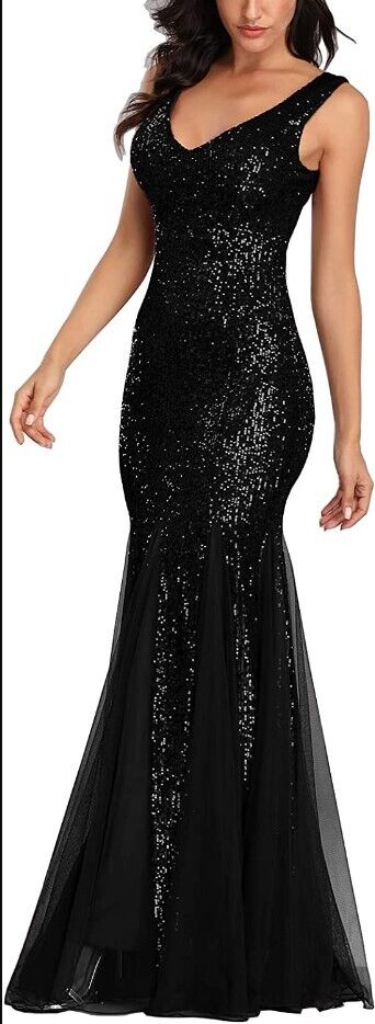 A ARFAR Women Sequin Dress Tulle Party Dress for Women Sexy V-Neck Formal Dress