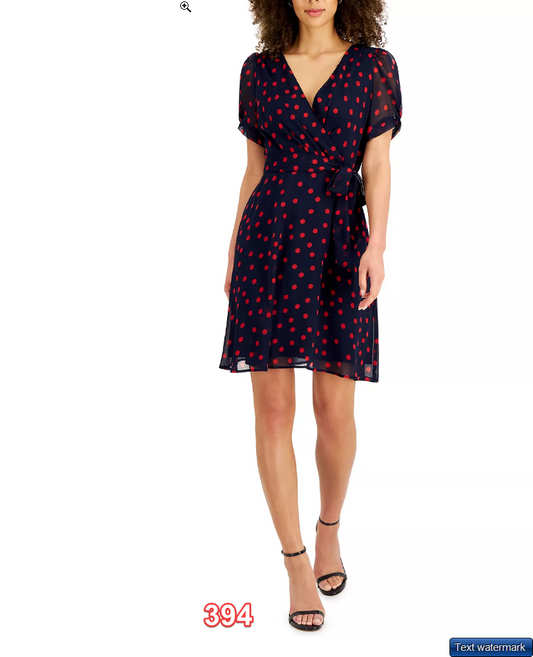 CONNECTED Petite Twisted-Sleeve Fit & Flare Women's Dress Navy red 12P  Designer