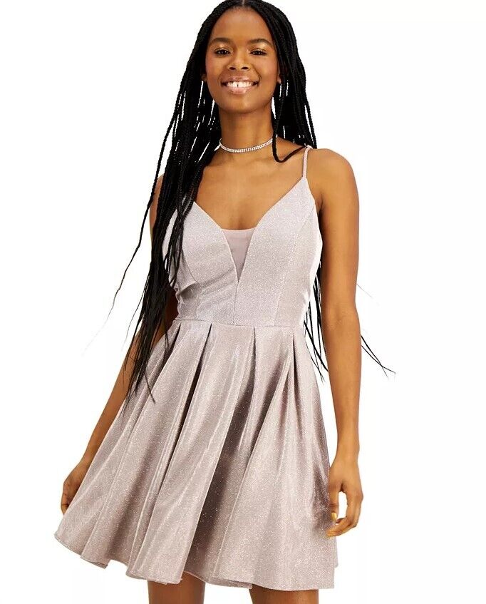 B DARLIN Juniors' Glitter Mesh Skater Dress Rose 5/6 B DARLIN Juniors' Mini Dres