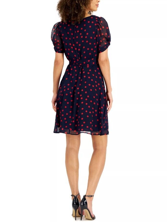 CONNECTED Petite Twisted-Sleeve Fit & Flare Women's Dress Navy red 12P  Designer
