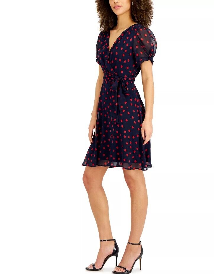 CONNECTED Petite Twisted-Sleeve Fit & Flare Women's Dress Navy red 12P  Designer