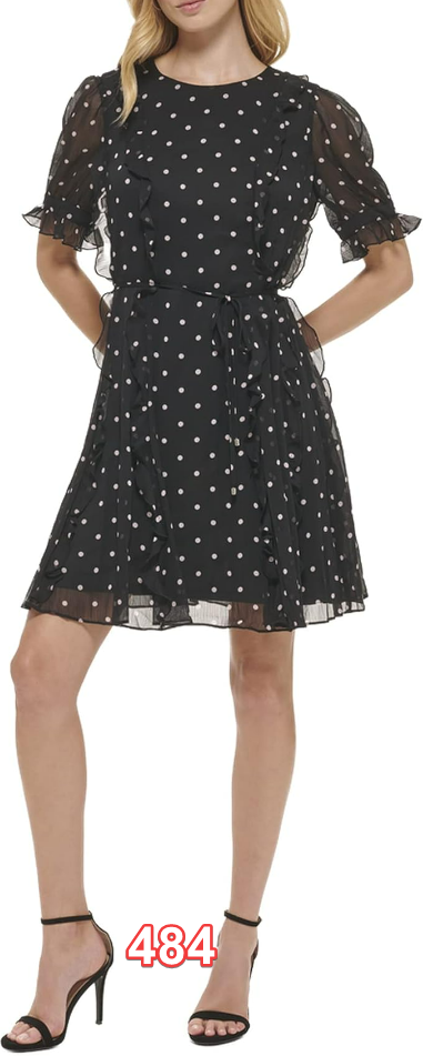 Tommy Hilfiger Women's Fit and Flare Chiffon Short Sleeve Round Neck Dress Blk 6