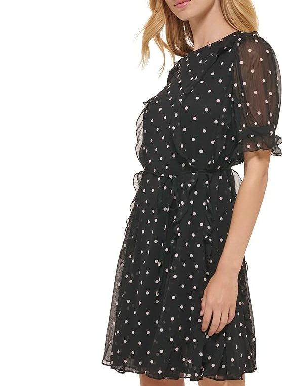 Tommy Hilfiger Women's Fit and Flare Chiffon Short Sleeve Round Neck Dress Blk 6