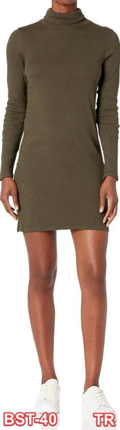 Three Dots Women's AA5836 Heritage Knit Turtleneck Dress, Harvest Green, Large