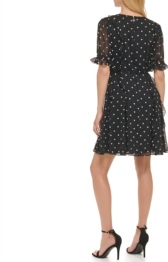 Tommy Hilfiger Women's Fit and Flare Chiffon Short Sleeve Round Neck Dress Blk 6