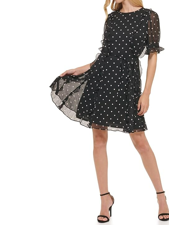 Tommy Hilfiger Women's Fit and Flare Chiffon Short Sleeve Round Neck Dress Blk 6