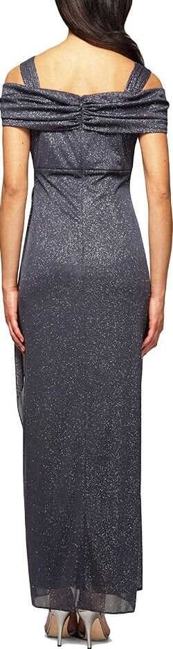 Alex Evenings Women's Long Cold Shoulder Dress Smoke Glitter 16P Designer Dress