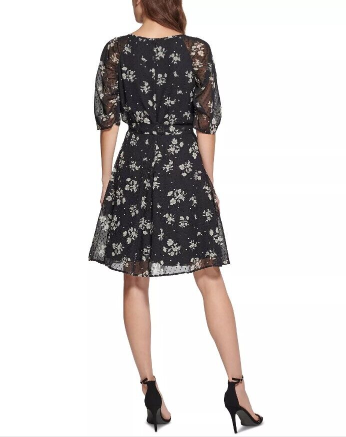 DKNY Petite Floral Clip-Dot Chiffon Tie-Belted Dress Sz 12P DKNY Women's Dress