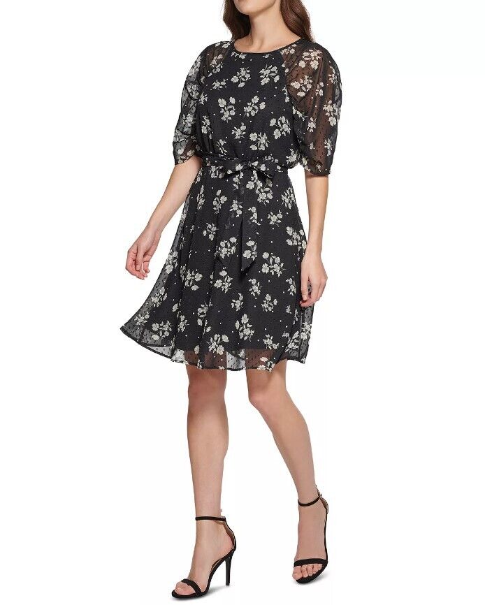 DKNY Petite Floral Clip-Dot Chiffon Tie-Belted Dress Sz 12P DKNY Women's Dress