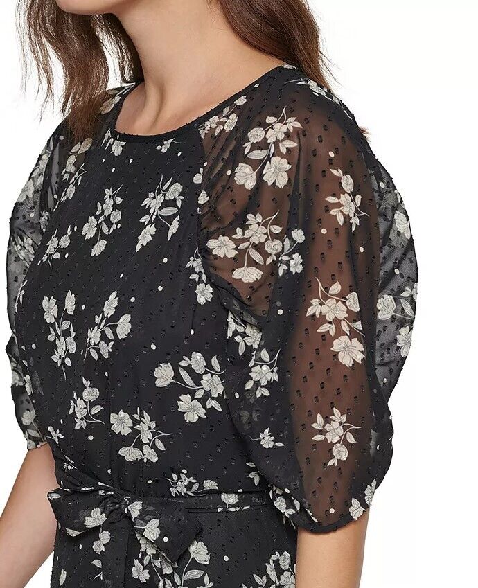 DKNY Petite Floral Clip-Dot Chiffon Tie-Belted Dress Sz 12P DKNY Women's Dress