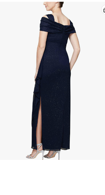 Alex Evenings Womens Long Glitter Mesh Cold Shoulder Dress Dark Navy Glitter 14W