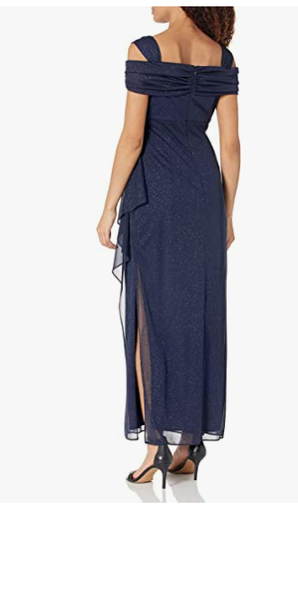 Alex Evenings Womens Long Glitter Mesh Cold Shoulder Dress Dark Navy Glitter 14W