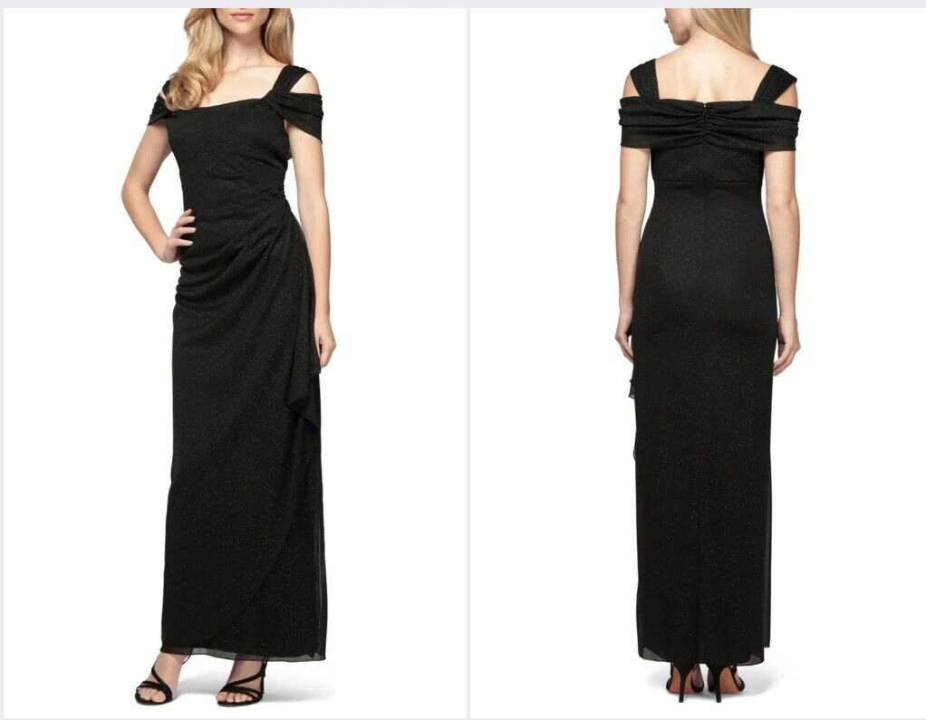 Alex Evenings Womens Long Cold Shoulder Dress Black Glitter 8 Alex Evenings Dres