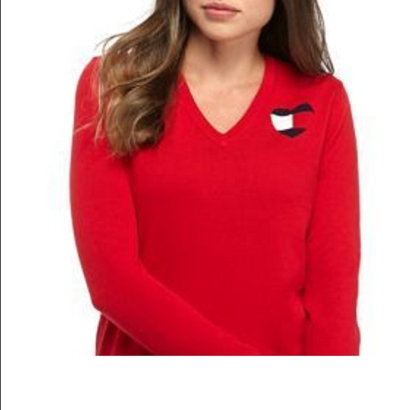 Tommy Hilfiger Women's Cotton Logo-Heart Sweater Red Size X-Small $69.50