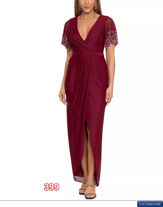 Betsy & Adam Women's Embellished-Sleeve Tulip-Skirt Gown Women dress Wine Sz 4