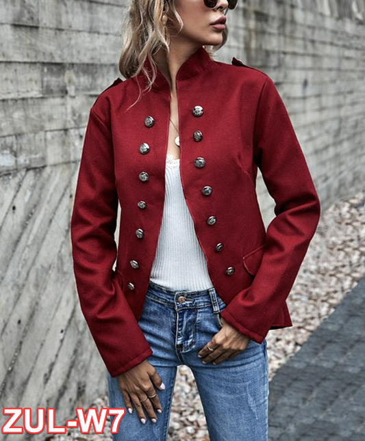 Coeur de Vague | Red Mandarin-Collar Button-Accent Jacket for Women Medium