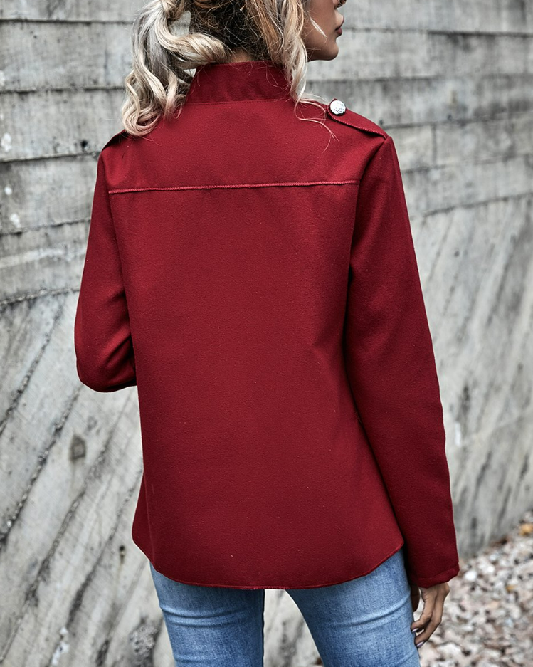 Coeur de Vague | Red Mandarin-Collar Button-Accent Jacket for Women Medium