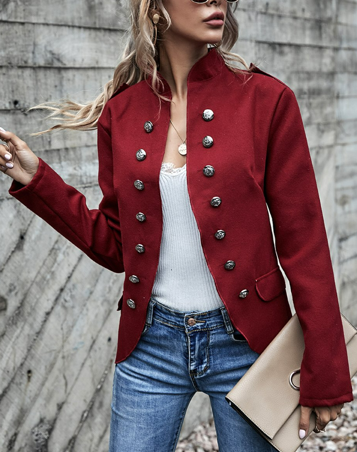 Coeur de Vague | Red Mandarin-Collar Button-Accent Jacket for Women Medium
