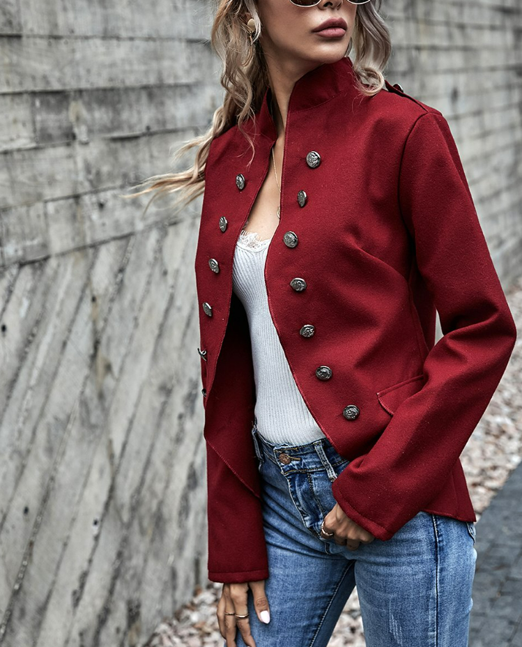 Coeur de Vague | Red Mandarin-Collar Button-Accent Jacket for Women Medium