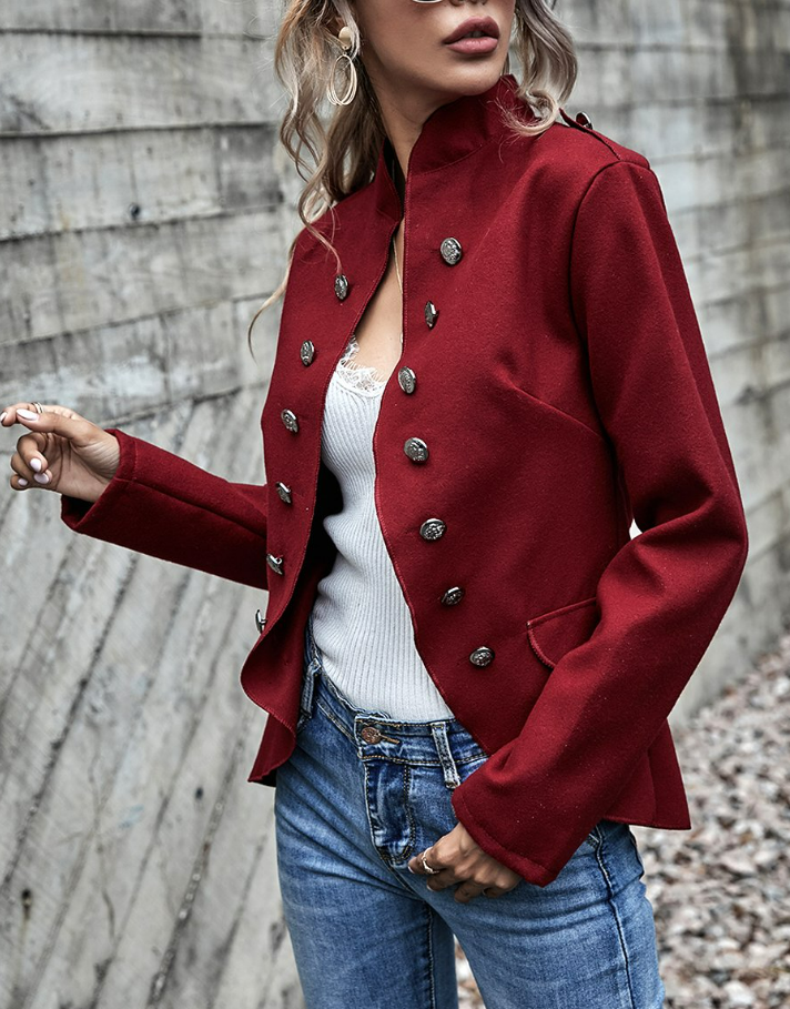 Coeur de Vague | Red Mandarin-Collar Button-Accent Jacket for Women Medium