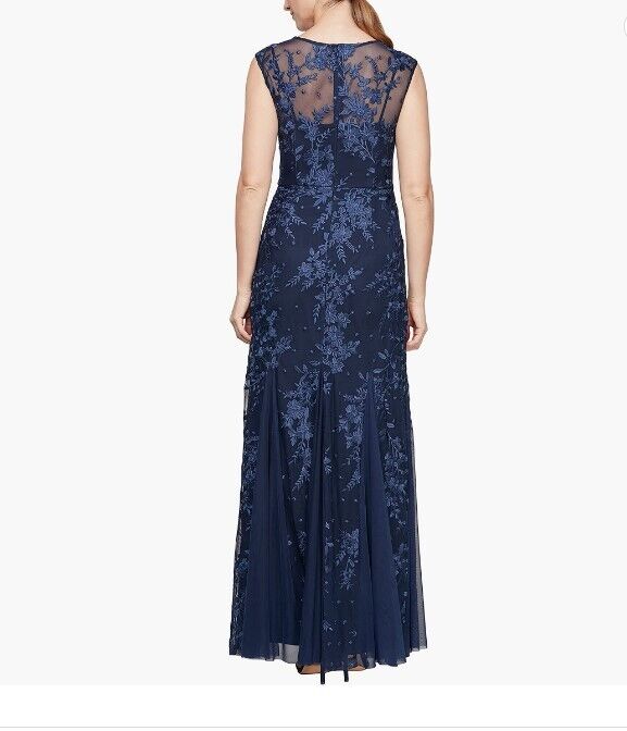 Alex Evenings Women's Long Fit and Flare Dress Godet Detail Navy Embroidery 14
