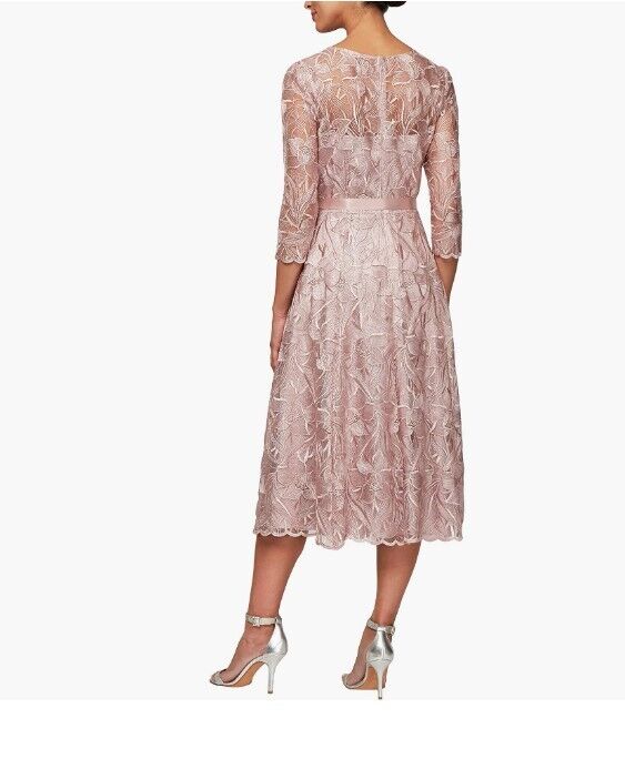 Alex Evenings Women's Tea Length Embroidered Dress Illusion Sleeves Rose 12P