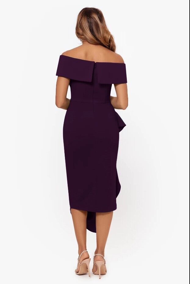 BETSY & ADAM Women's Dress Off The Shoulder Midi Crepe Dress Mulberry Sz 4