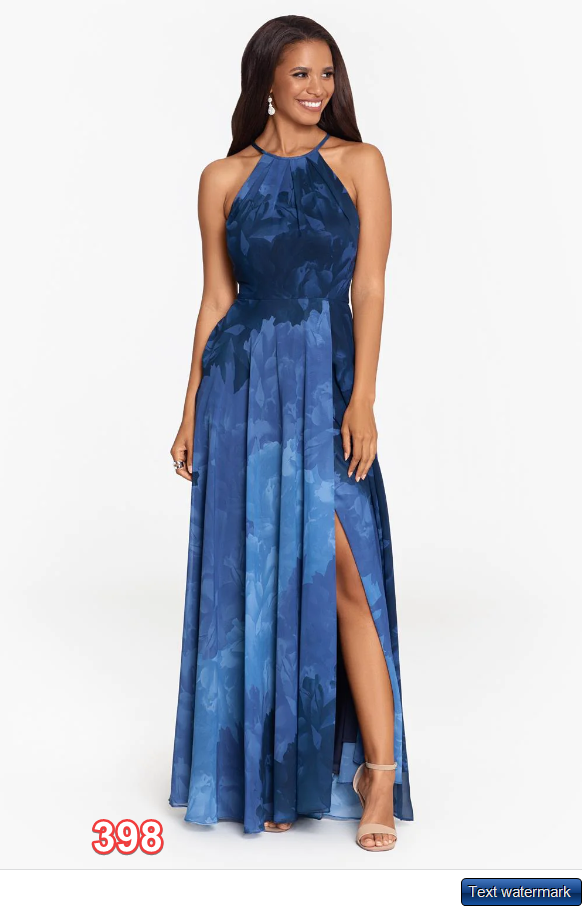 BETSY & ADAM Long Halter Print Chiffon Wrap Women's Dress Navy/Blue 4P MSRP $259