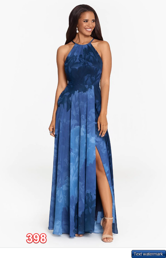 BETSY & ADAM Long Halter Print Chiffon Wrap Women's Dress Navy/Blue 4P MSRP $259
