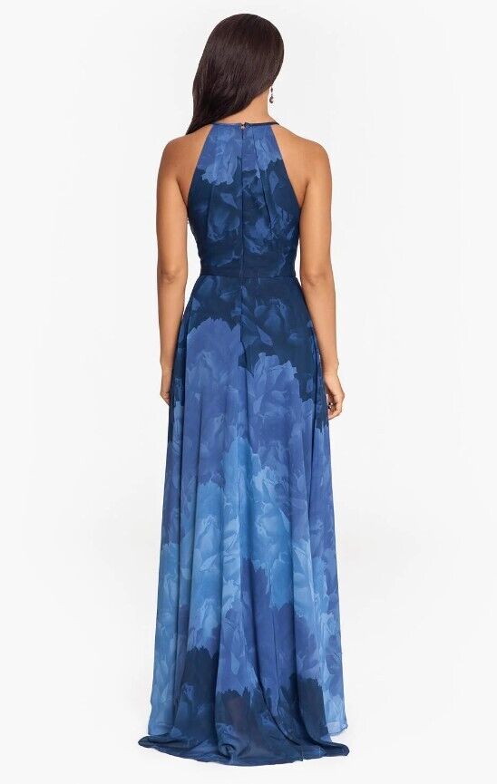 BETSY & ADAM Long Halter Print Chiffon Wrap Women's Dress Navy/Blue 4P MSRP $259