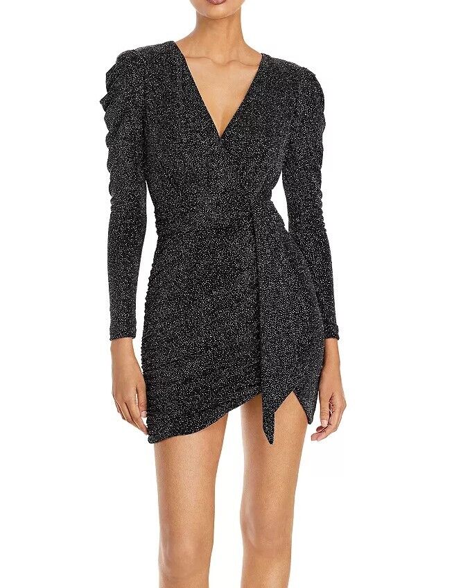 AQUA Metallic Faux Wrap Dress Black/silver 4 Aqua Women's Metallic Mini Dress