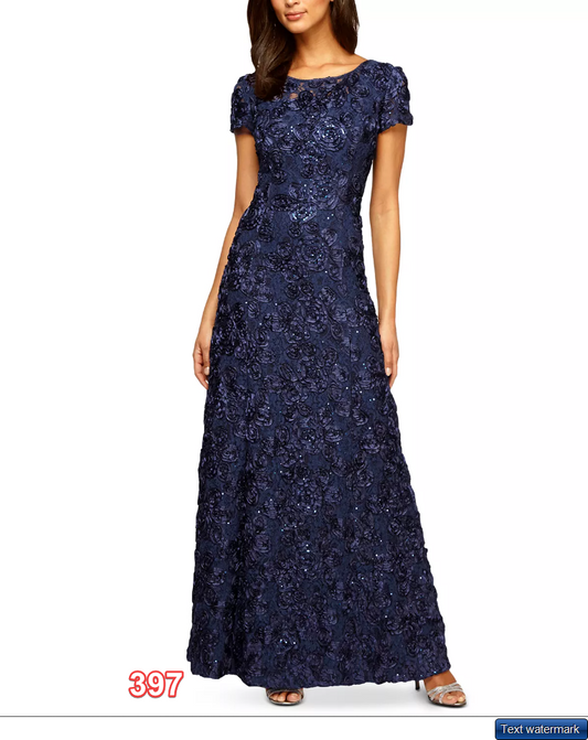 Alex Evenings A-Line three-dimension textured floral rose Rosette Dress Navy 12