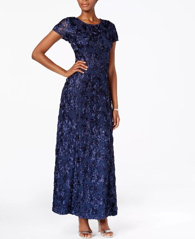 Alex Evenings A-Line three-dimension textured floral rose Rosette Dress Navy 12