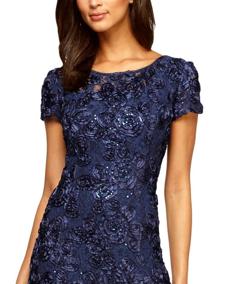 Alex Evenings A-Line three-dimension textured floral rose Rosette Dress Navy 12