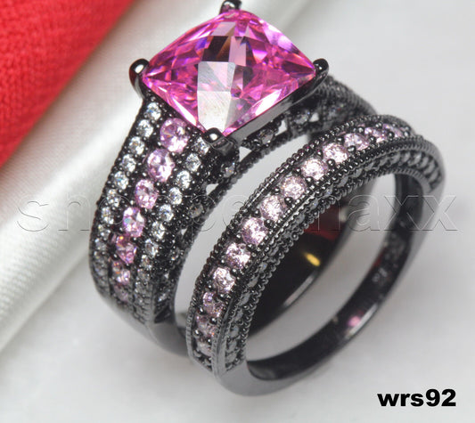 Cushion Cut Pink CZ Engagement Wedding Ring Set-Black Rhodium 925 Silver