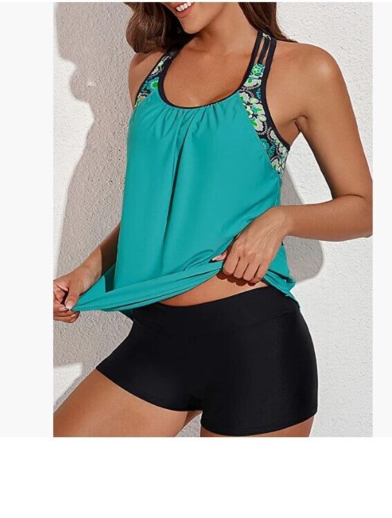 Aleumdr Womens Strap Racerback Blouson Floral Padded Tankini Tops with Boyshort
