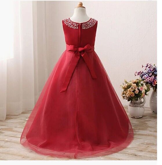 Castle Fairy Girls First Communion Organza Sequin Pearls Flower Girl Dress Train