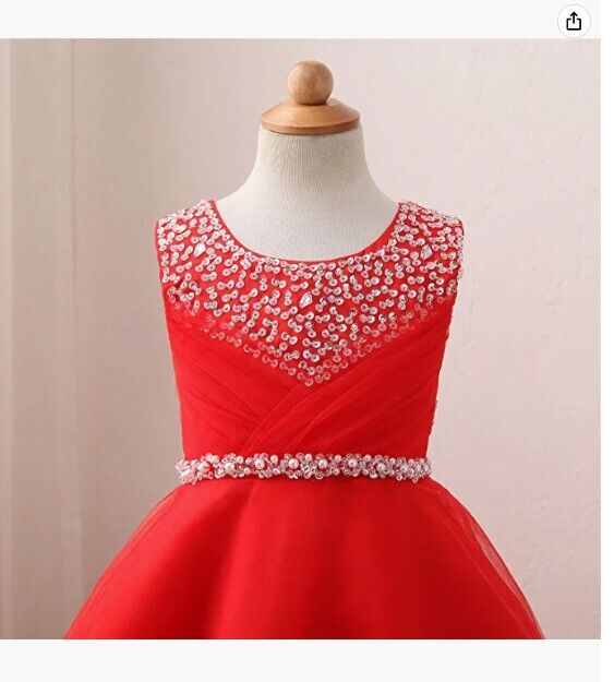 Castle Fairy Girls First Communion Organza Sequin Pearls Flower Girl Dress Train