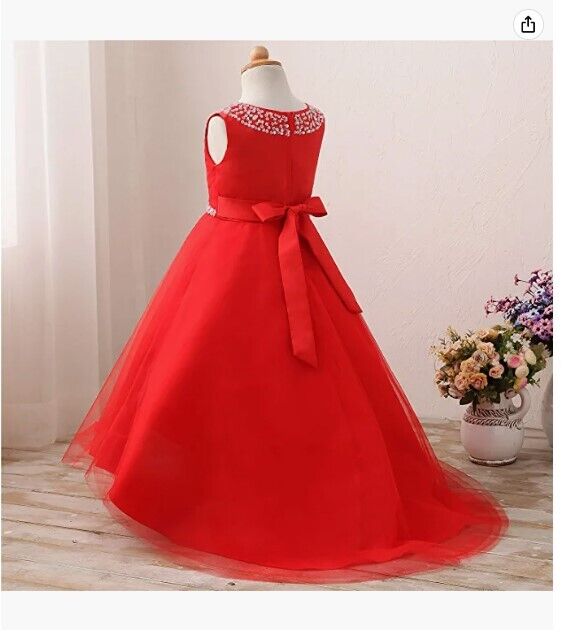 Castle Fairy Girls First Communion Organza Sequin Pearls Flower Girl Dress Train