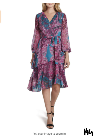 Tahari ASL Women's Long Puff Sleeve Print Surplus Dress, Aster Teal Paisley, 12