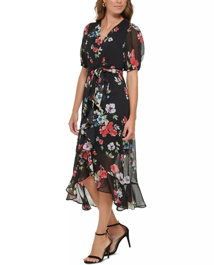 DKNY Floral-Print Ruffled Midi Dress Saffron Combo DKNY Women's Dress Sz8