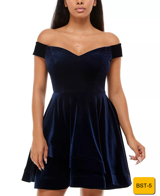 B Darlin Juniors Velvet Off-The-Shoulder Fit & Flare Dress Navy Party Blue 17/18