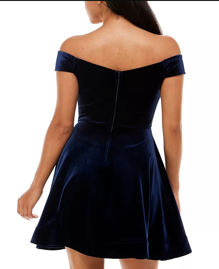 B Darlin Juniors Velvet Off-The-Shoulder Fit & Flare Dress Navy Party Blue 17/18