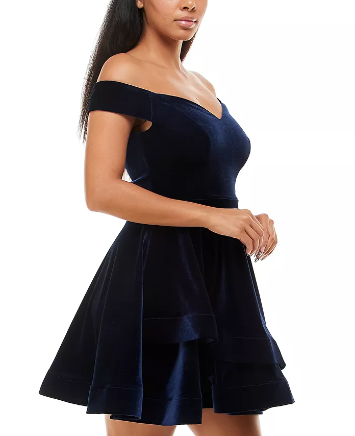 B Darlin Juniors Velvet Off-The-Shoulder Fit & Flare Dress Navy Party Blue 17/18