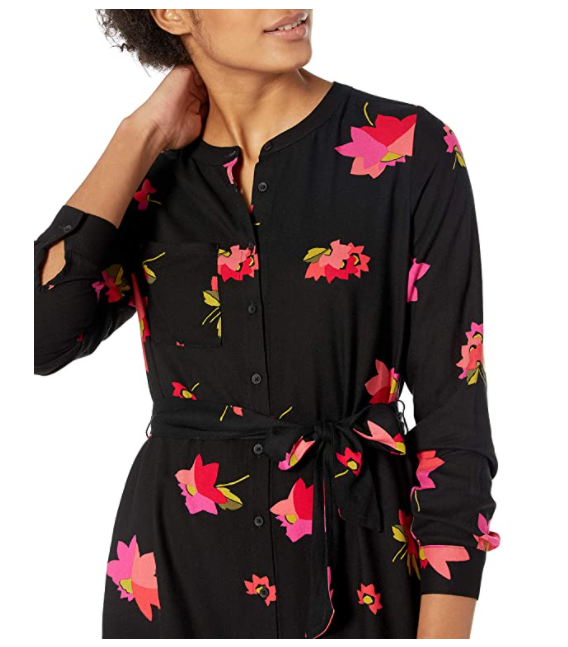 Amazon Essentials Women's Long-Sleeve Banded Collar Shirt Dress Pink/Black Small