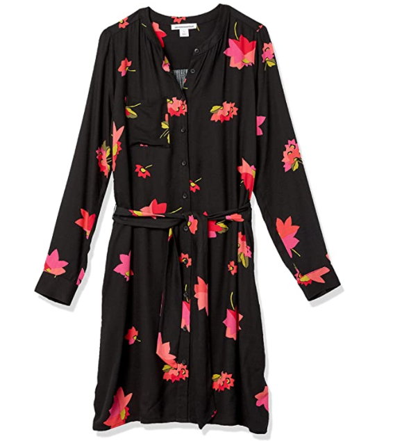 Amazon Essentials Women's Long-Sleeve Banded Collar Shirt Dress Pink/Black Small