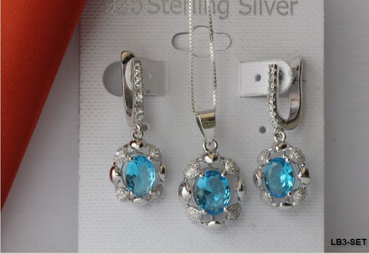 WOMENS LIGHT LONDON BLUE NICKEL FREE STERLING SILVER 925 NECKLACE & EARRINGS SET