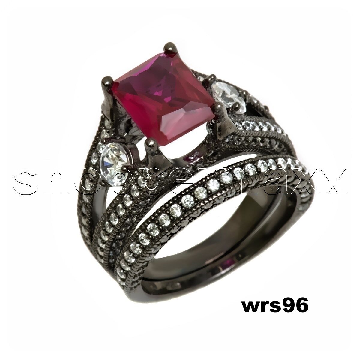 Brilliant Cut Hot Pink CZ Black Rhodium Engagement Ring Wedding Ring Set